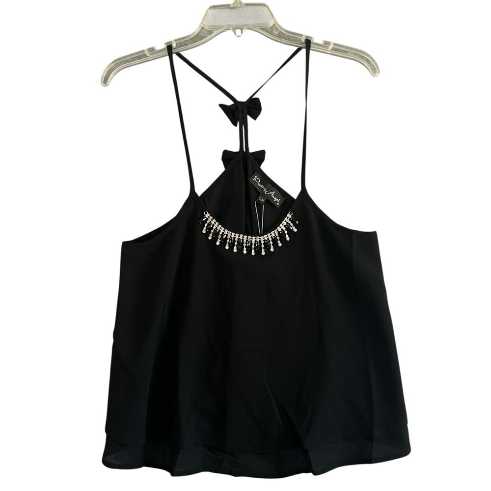 PRETTY ANGEL Silk Blend Crystals Tank Top Bows Black Size S/M NWT